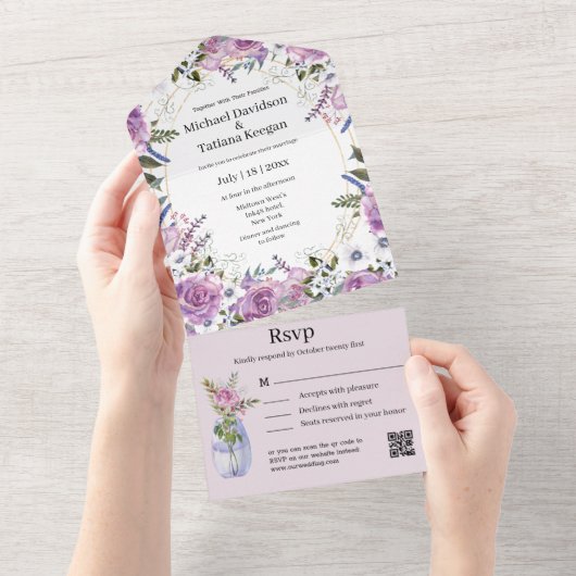 Stijlvolle waterverf paarse Bloemen QR Code Bruilo All In One Uitnodiging (Afscheurbaar)