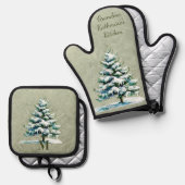 Stijlvolle Waterverf Snowy Evergreen Gepersonalise Ovenwant & Pannenlap Set (Voorkant / Achterkant)