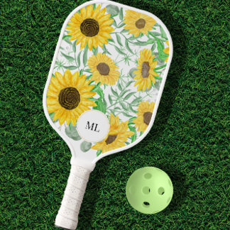 Stijlvolle waterverf zonnebloemen met monogram pickleball paddle