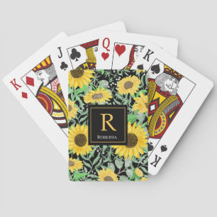 Stijlvolle waterverf zonnebloemen zwarte monogram pokerkaarten