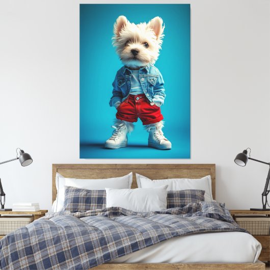 Stijlvolle Westie Pup in Denim en Sneakers Canvas Afdruk (Insitu (Slaapkamer))