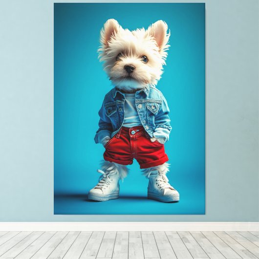 Stijlvolle Westie Pup in Denim en Sneakers Canvas Afdruk (Insitu (Houten vloer))