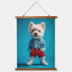 Stijlvolle Westie Pup in Denim en Sneakers Hangend Wandkleed