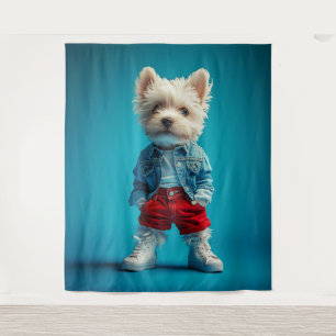 Stijlvolle Westie Pup in Denim en Sneakers Wandkleed