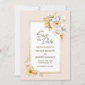 Stijlvolle White Gold Floral Wedding Save the Date (Voorkant)