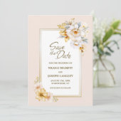 Stijlvolle White Gold Floral Wedding Save the Date (Staand voorkant)
