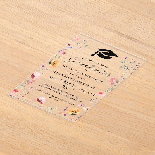 Stijlvolle Wilde Bloemenweide Tuin Tweeling Afstud Acryl Uitnodigingen (Laagn)