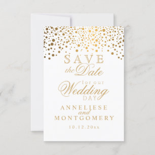 Stijlvolle witte en gouden Confetti Stippen Sla de Save The Date