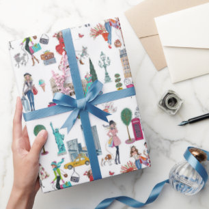 Stijlvolle witte en multikleurenwinkelmeisjes cadeaupapier