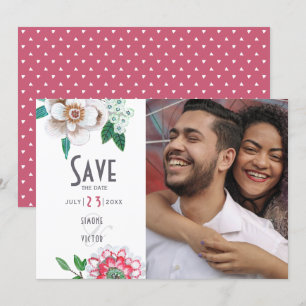 Stijlvolle witte en rode Bloemen Foto Bewaar de da Save The Date
