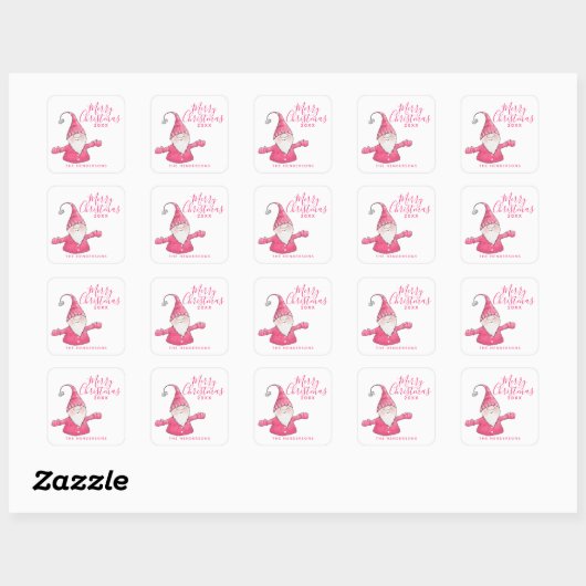 Stijlvolle witte en roze Schattigee Gnome Merry Ch Vierkante Sticker (Vel)