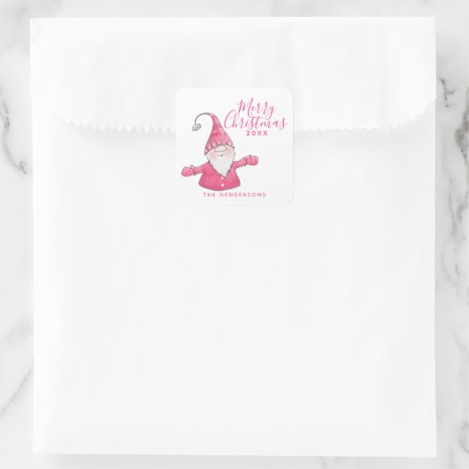 Stijlvolle witte en roze Schattigee Gnome Merry Ch Vierkante Sticker (Tas)