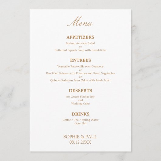 Stijlvolle witte gouden beige bruiloft menu (Voorkant)