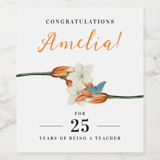 Stijlvolle witte Lily Retro Jubileum Bloemen Wijn Etiket (Enkel label)