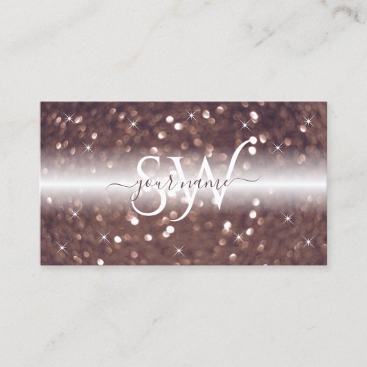 Stijlvolle witte roodbruine glitter-monogram visitekaartje (Voorkant)