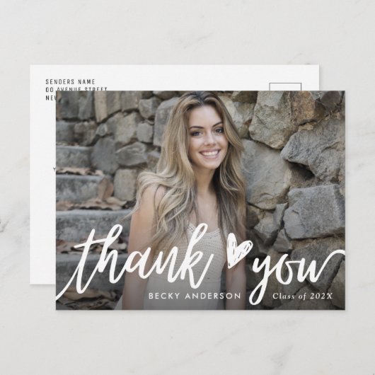 stijlvolle witte script bedankt afstuderen briefkaart (Voorkant / Achterkant)