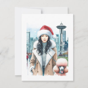 Stijlvolle Woman Walking Poodle in Seattle Christm Feestdagenkaart