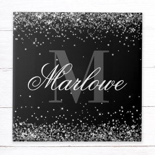 Stijlvolle Zilveren Glitter Zwart Witte Monogram Tegeltje