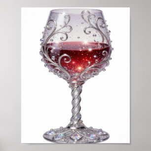 Stijlvolle Zilveren WIJNGLAS 3D Tekst Kunst Poster