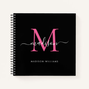 Stijlvolle zwart roze monogram Initiaal Script Naa Notitieboek