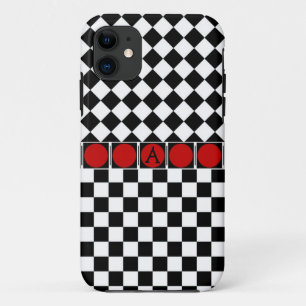 Stijlvolle zwart-wit halfdiamant ruitjes rode band iPhone 11 hoesje