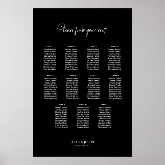 Stijlvolle zwarte 11 Tafel Trouwstoel Grafiek Poster (Voorkant)