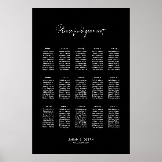 Stijlvolle zwarte 15 Tafel Trouwstoel Grafiek Poster (Voorkant)