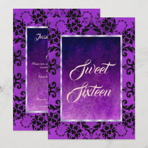 Stijlvolle zwarte Damask & Gothic Paarse Sweet 16 Kaart