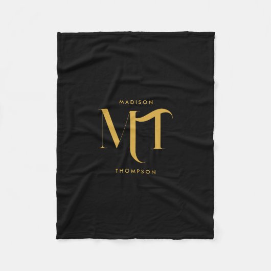 Stijlvolle zwarte en goudmonogram Initialen Fleece Deken (Voorkant)