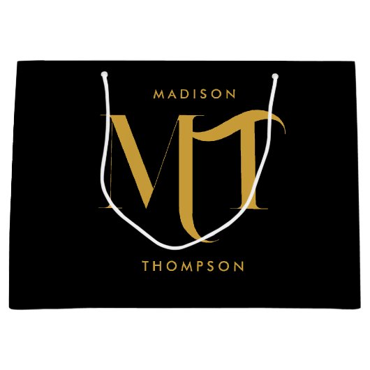 Stijlvolle zwarte en goudmonogram Initialen Groot Cadeauzakje (Voorkant)