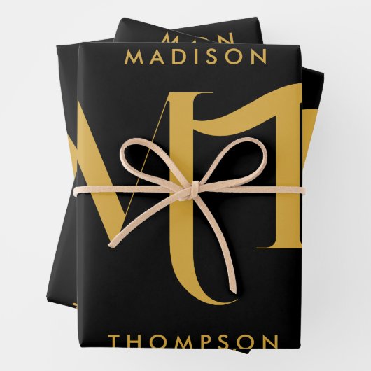 Stijlvolle zwarte en goudmonogram Initialen Inpakpapier Vel (In situ)