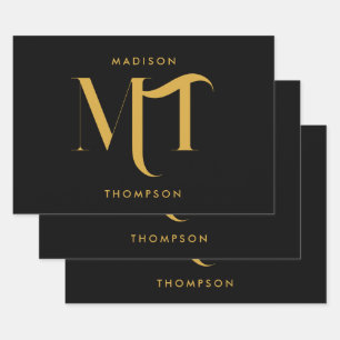 Stijlvolle zwarte en goudmonogram Initialen Inpakpapier Vel