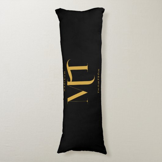 Stijlvolle zwarte en goudmonogram Initialen Lichaamskussen (Voorkant Verticaal)