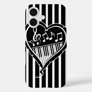 Stijlvolle zwarte en witte muzieknoten en piano iPhone 16 hoesje