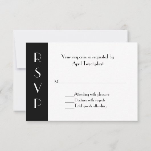 Stijlvolle zwarte en witte RSVP-reactiekaart RSVP Kaartje (Voorkant)