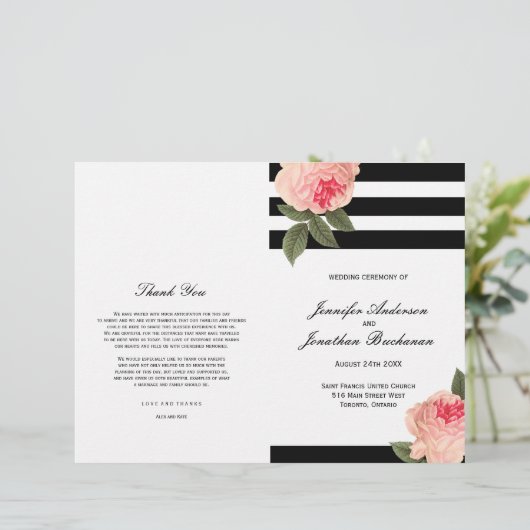 Stijlvolle zwarte en witte strepes bruiloft-progra (Staand voorkant)