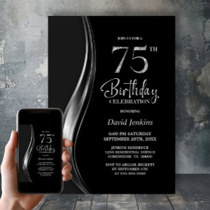 Stijlvolle zwarte en zilveren 75e verjaardagsfeest kaart