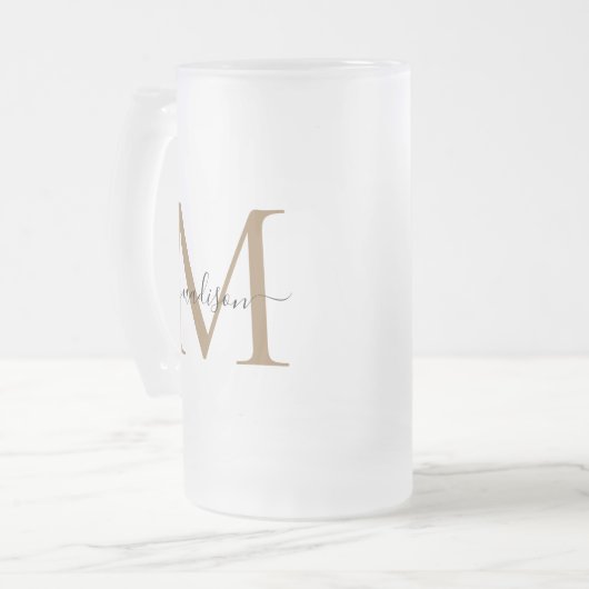 Stijlvolle zwarte goudmonogram Elegant Script Name Matglas Bierpul (Voorkant links)