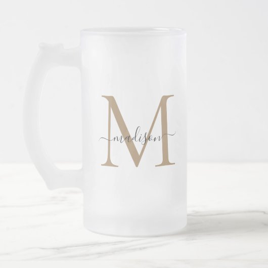 Stijlvolle zwarte goudmonogram Elegant Script Name Matglas Bierpul (Links)