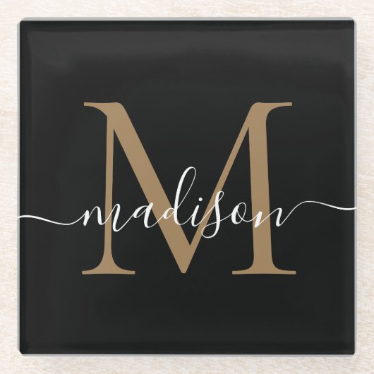 Stijlvolle zwarte goudmonogram Feminine Script Nam Glazen Onderzetter (Voorkant)