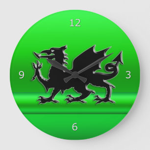 Stijlvolle zwarte welsh draak, groen metalen effec grote klok