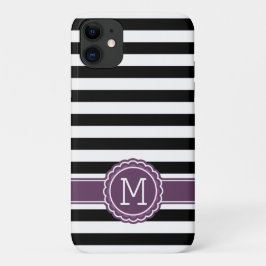 Stijlvolle zwarte witte strepen Paarse monogram iPhone 11 Hoesje