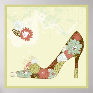 Stiletto Floral Shoes Beige Brown & Green Accent Poster
