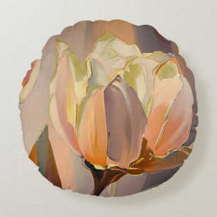 Stille Bloei – Abstracte Tulpen in Zachte Goud Rond Kussen