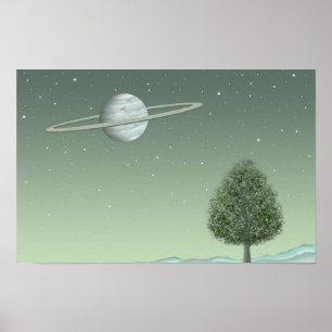 Stille boom staande op een verre ster. poster