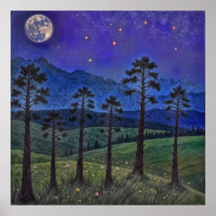 Stille dennen, kosmische dans - een boslandschap poster