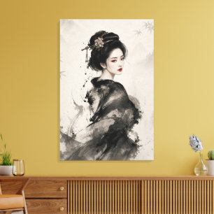 Stille Gratie – Elegant Geisha Inkt Portret Canvas Afdruk