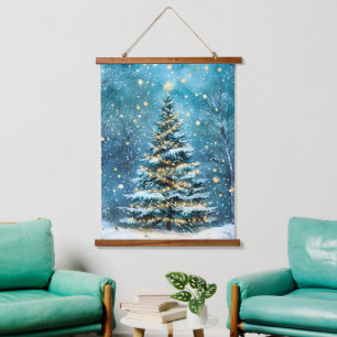 Stille Nacht Gloeiende Kerstboom Woud Hangend Wandkleed
