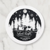 Stille nacht sleight dennen sneeuwvlok zwart & wit bedankjes labels (Voorkant)