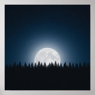 Stille Nacht: Volle Maan Boven Bos Silhouet Poster